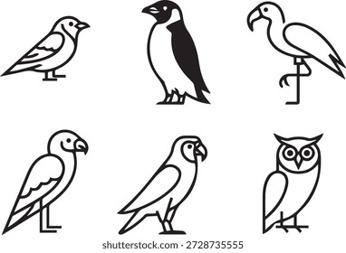 colección de arte de línea de Vector de aves en estilo de contorno mínimo. Incluye búhos, gorriones, loros y otras aves para iconos, materiales educativos e ilustraciones.