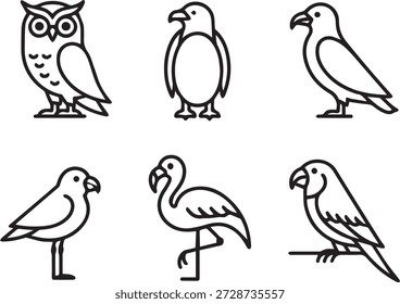 colección de arte de línea de Vector de aves en estilo de contorno mínimo. Incluye búhos, gorriones, loros y otras aves para iconos, materiales educativos e ilustraciones.