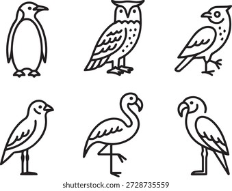 colección de arte de línea de Vector de aves en estilo de contorno mínimo. Incluye búhos, gorriones, loros y otras aves para iconos, materiales educativos e ilustraciones.