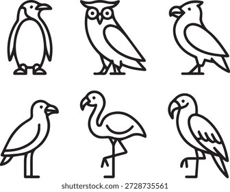 colección de arte de línea de Vector de aves en estilo de contorno mínimo. Incluye búhos, gorriones, loros y otras aves para iconos, materiales educativos e ilustraciones.