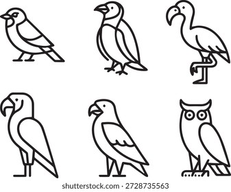 colección de arte de línea de Vector de aves en estilo de contorno mínimo. Incluye búhos, gorriones, loros y otras aves para iconos, materiales educativos e ilustraciones.