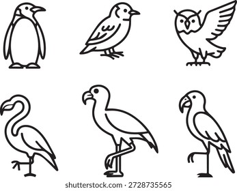 colección de arte de línea de Vector de aves en estilo de contorno mínimo. Incluye búhos, gorriones, loros y otras aves para iconos, materiales educativos e ilustraciones.