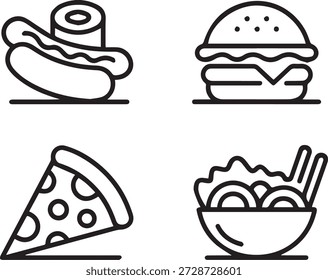 Vektor Linie Kunst Sammlung von Fast Food-Artikel in minimalen Umriss Stil. Ideal für Symbole, Menüs, Drucke, Apps und Lernmaterialien.