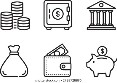 Coleção de arte de linha vetorial de ícones financeiros e monetários em estilo de contorno mínimo. Inclui moedas, contas, gráficos e símbolos bancários para aplicativos, sites e uso educacional.