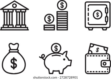 Vector line art collection of finance and money icons in minimal outline style. Includes coins, bills, charts, and banking symbols for apps, websites, and educational use.