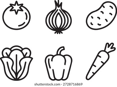 colección de arte de línea de Vector de verduras frescas en estilo de contorno mínimo. Perfecto para iconos, impresiones, pegatinas, menús, materiales educativos y diseños de estilo de vida saludable.