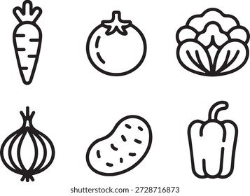 colección de arte de línea de Vector de verduras frescas en estilo de contorno mínimo. Perfecto para iconos, impresiones, pegatinas, menús, materiales educativos y diseños de estilo de vida saludable.