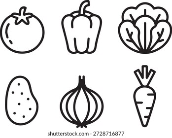colección de arte de línea de Vector de verduras frescas en estilo de contorno mínimo. Perfecto para iconos, impresiones, pegatinas, menús, materiales educativos y diseños de estilo de vida saludable.