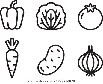 colección de arte de línea de Vector de verduras frescas en estilo de contorno mínimo. Perfecto para iconos, impresiones, pegatinas, menús, materiales educativos y diseños de estilo de vida saludable.