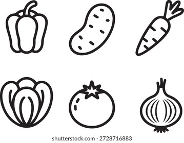 colección de arte de línea de Vector de verduras frescas en estilo de contorno mínimo. Perfecto para iconos, impresiones, pegatinas, menús, materiales educativos y diseños de estilo de vida saludable.
