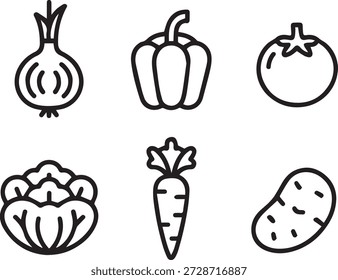 colección de arte de línea de Vector de verduras frescas en estilo de contorno mínimo. Perfecto para iconos, impresiones, pegatinas, menús, materiales educativos y diseños de estilo de vida saludable.