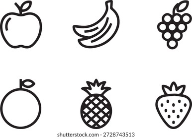 colección de arte de línea de Vector de frutas frescas en estilo de contorno mínimo. Perfecto para iconos, estampados, pegatinas, menús, materiales educativos y diseños de estilo de vida saludable.