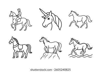 Vector Line Art Collection of Horses and a Unicorn