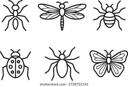 Coleção de arte de linha vetorial de insetos em estilo de contorno mínimo. Perfeito para ícones, materiais educacionais, projetos de natureza, impressões e projetos ambientais.