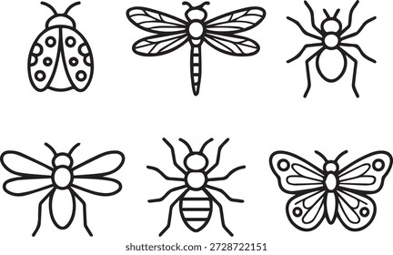 colección de arte de línea de Vector de insectos en estilo de contorno mínimo. Perfecto para iconos, materiales educativos, proyectos de naturaleza, impresiones y diseños ambientales.