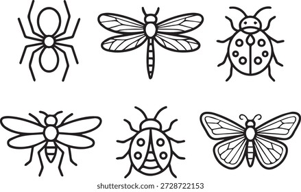 Coleção de arte de linha vetorial de insetos em estilo de contorno mínimo. Perfeito para ícones, materiais educacionais, projetos de natureza, impressões e projetos ambientais.