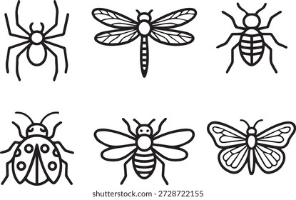 Vector line art collection of insects in minimal outline style. Perfect for icons, educational materials, nature projects, prints, and environmental designs.