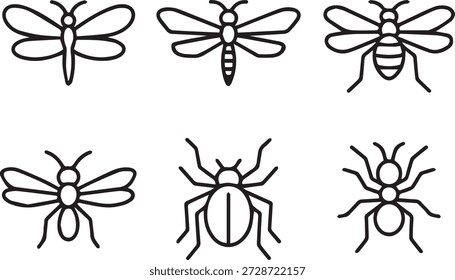 Coleção de arte de linha vetorial de insetos em estilo de contorno mínimo. Perfeito para ícones, materiais educacionais, projetos de natureza, impressões e projetos ambientais.
