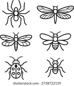 Coleção de arte de linha vetorial de insetos em estilo de contorno mínimo. Perfeito para ícones, materiais educacionais, projetos de natureza, impressões e projetos ambientais.