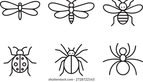 Coleção de arte de linha vetorial de insetos em estilo de contorno mínimo. Perfeito para ícones, materiais educacionais, projetos de natureza, impressões e projetos ambientais.