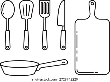 Vector line art collection of kitchenware in minimal outline style. appliances for icons, menus, cooking, and educational designs.