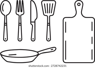 Vector line art collection of kitchenware in minimal outline style. appliances for icons, menus, cooking, and educational designs.