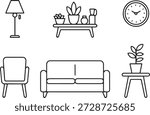 Vector line art collection of living room furniture in minimal outline style. Includes clock, sofas, chairs, tables, and decor, perfect for interior design, apps, and educational use.