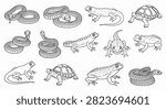 Vector line art collection of reptiles and amphibians featuring coiled snakes, lizards, turtles, and frogs in a minimalist black and white stippled style on a white background.