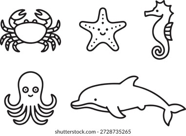 Vector line art collection of sea animals in minimal outline style. Includes fish, dolphin, whale, octopus, and other marine life for icons, education, and illustrations.
