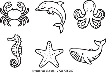 colección de arte de línea de Vector de animales marinos en estilo de contorno mínimo. Incluye peces, delfines, ballenas, pulpos y otras especies marinas para iconos, educación e ilustraciones.