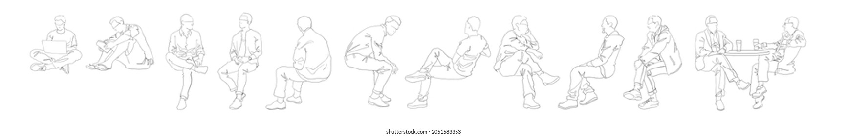 Vector line art collection of seated men reading and talking from side view.