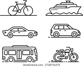 colección de arte de línea de Vector de iconos e ilustraciones con temas de transporte en un estilo de contorno mínimo. Perfecto para diseño, branding, App y proyectos educativos.