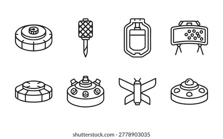 Vector line art collection of various ordnance and a butterfly. Useful for defense security or whimsical design projects.