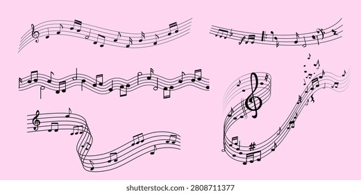 Vector line art collection of wavy, multi-line orchestral musical staves with treble clefs and scattered notes. Flowing symphonic song sheet elements isolated on light background.