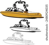 Vector, line art and color image of jet motor boat on a white background	