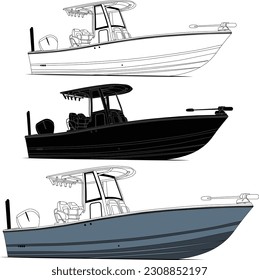 Vector, line art and color image of fishing boat on a white background.	