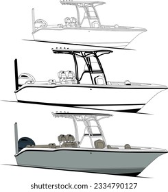 Vector, line art and color image of side view fishing boat on a white background.