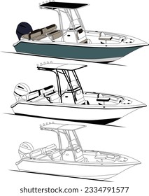 Vector, line art and color image of fishing boat on a white background.