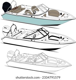 Vector, line art and color image of fishing boat on a white background.