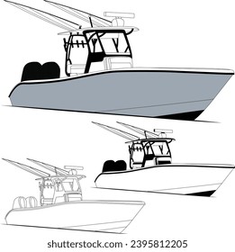 Vector, line art, and color image of a fishing boat on a white background