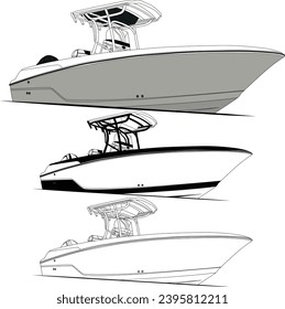 Vector, line art, and color image of a fishing boat on a white background
