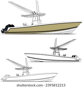 Vector, line art, and color image of a fishing boat on a white background