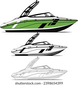 Vector, line art and color image of jet motor boat on a white background