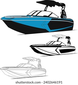 Vector, line art, and color image of a  fishing, motorboat on a white background