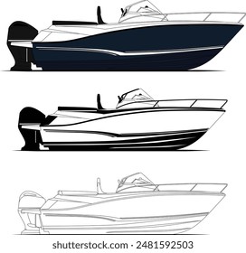 Vector, line art and color image of jet motor boat on a white background	