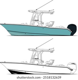 Vector, line art and color image of fishing boat on a white background