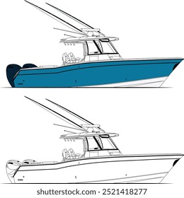 Vector, line art, and color image of a fishing boat on a white background	