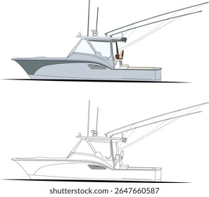 Vector, line art, and color image of a fishing boat on a white background