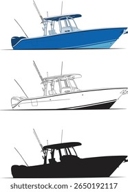 Vector, line art and color image of fishing boat on a white background