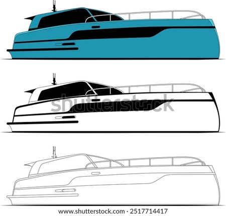 Vector, line art, and color image of Motor yacht on a white background